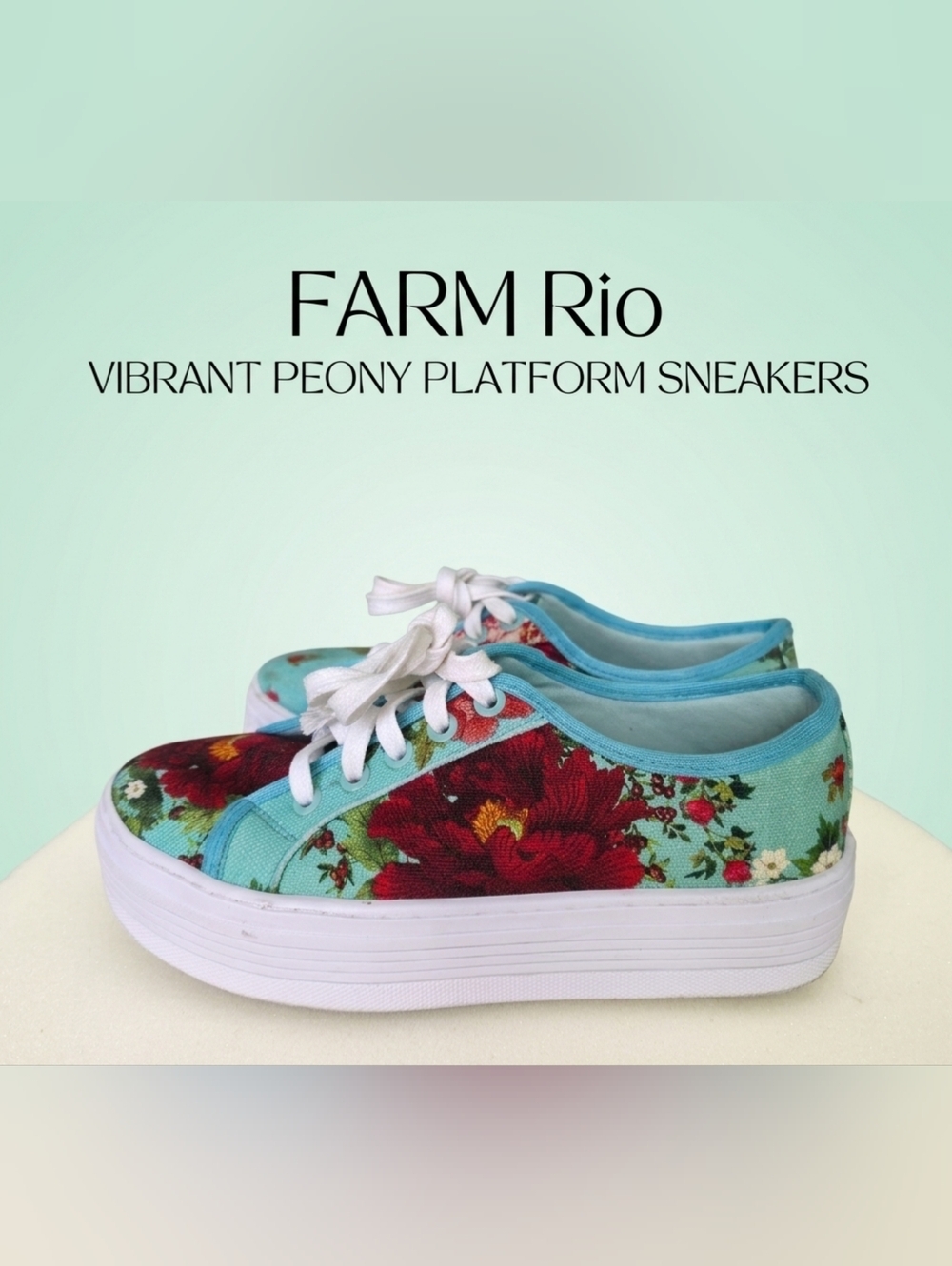 FARM Rio Floral Canvas Platform Sneakers – Blue & Red Peony Print, 6 US/ 36 EU